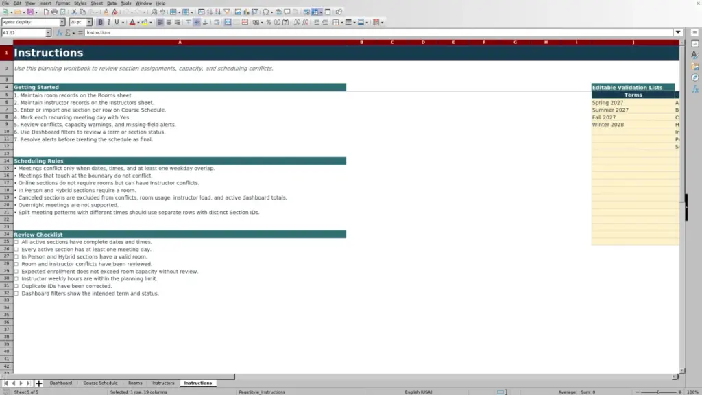 Preview of the Instructions sheet in Free Master Course Schedule Planner Excel Template 2026