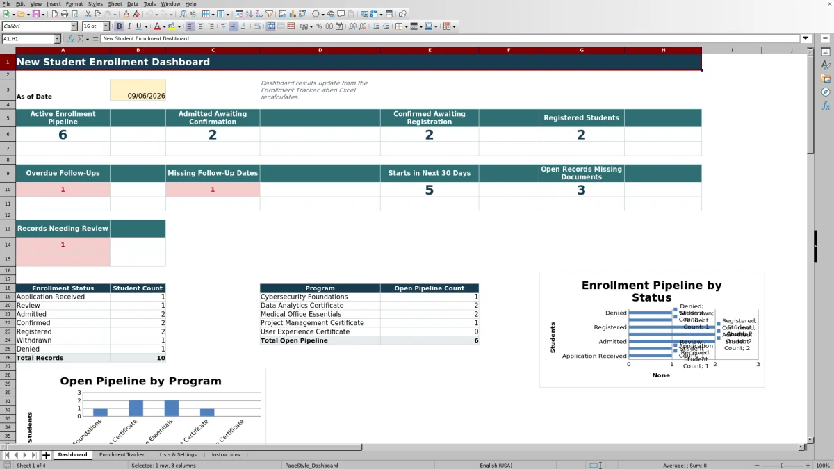 Capture 1 : feuille Dashboard — new student enrollment tracker