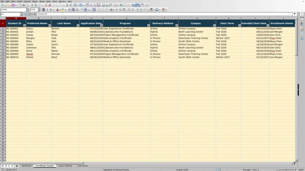 Preview of the Enrollment Tracker sheet in Free New Student Enrollment Tracker Excel Template 2026