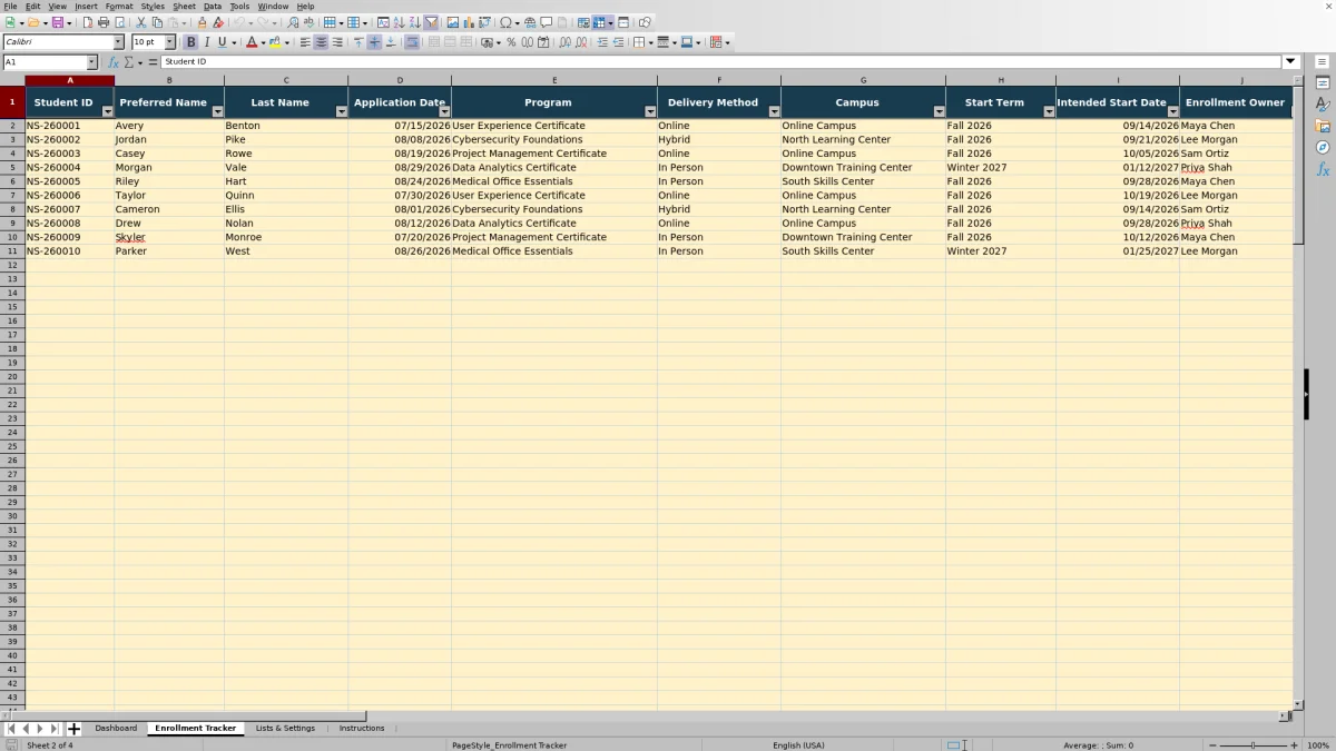 Capture 2 : feuille Enrollment Tracker — new student enrollment tracker