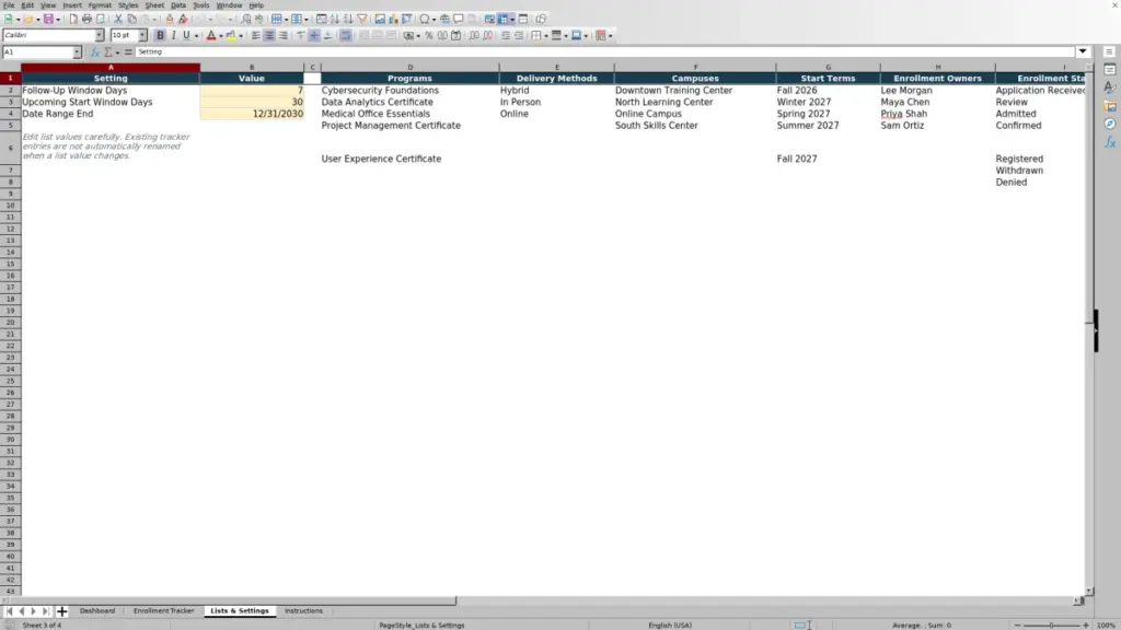Preview of the Lists & Settings sheet in Free New Student Enrollment Tracker Excel Template 2026