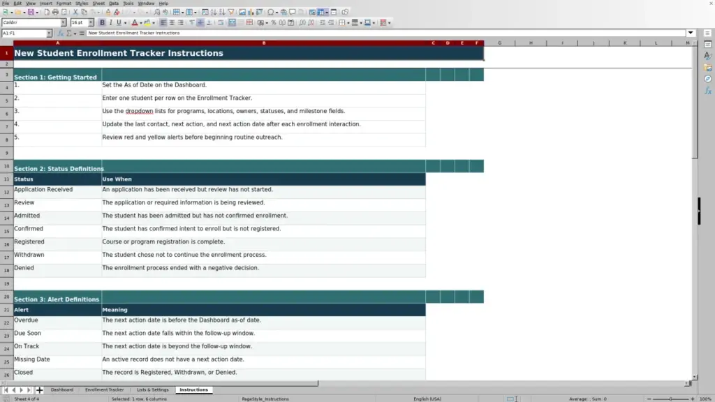 Preview of the Instructions sheet in Free New Student Enrollment Tracker Excel Template 2026