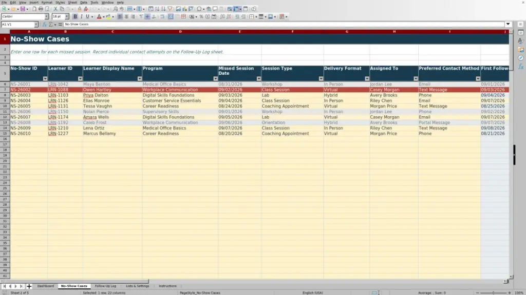 Preview of the No-Show Cases sheet in Free No-Show Follow-Up Tracker Excel Template 2026