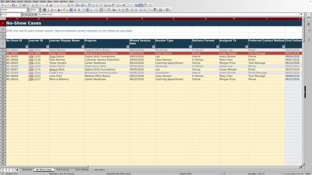 Capture 2 : feuille No-Show Cases — no show follow up tracker