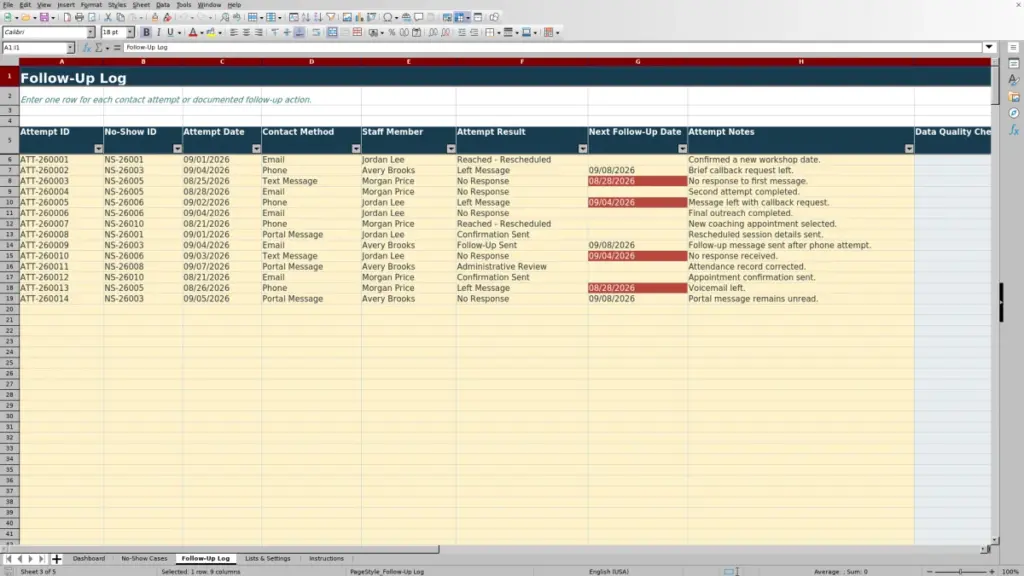 Preview of the Follow-Up Log sheet in Free No-Show Follow-Up Tracker Excel Template 2026