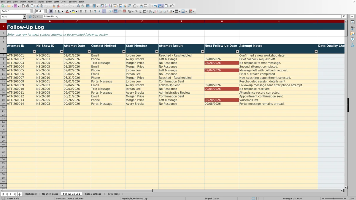 Capture 3 : feuille Follow-Up Log — no show follow up tracker