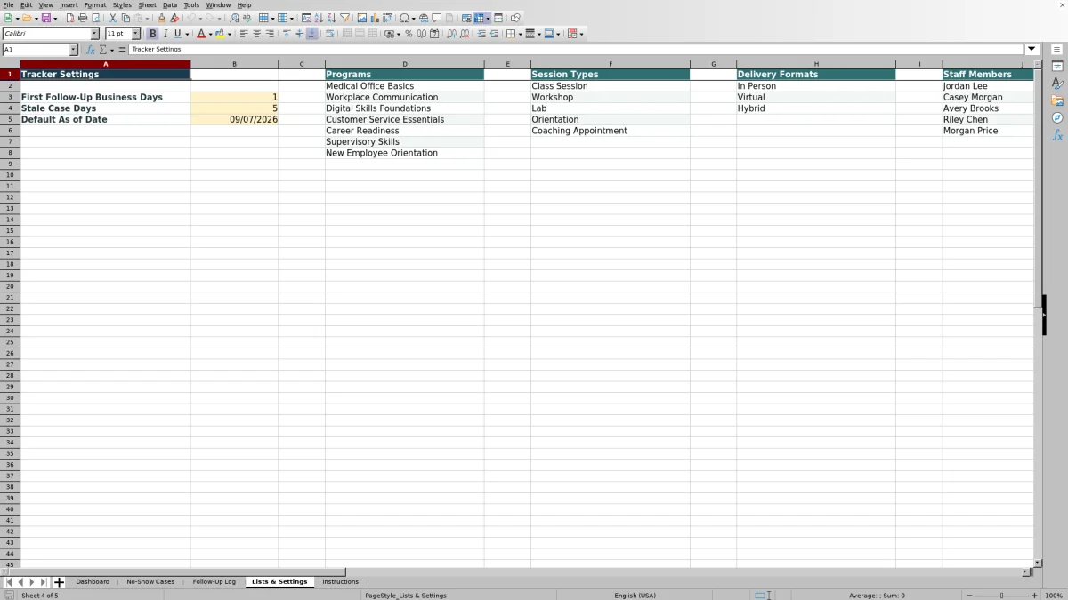 Capture 4 : feuille Lists & Settings — no show follow up tracker