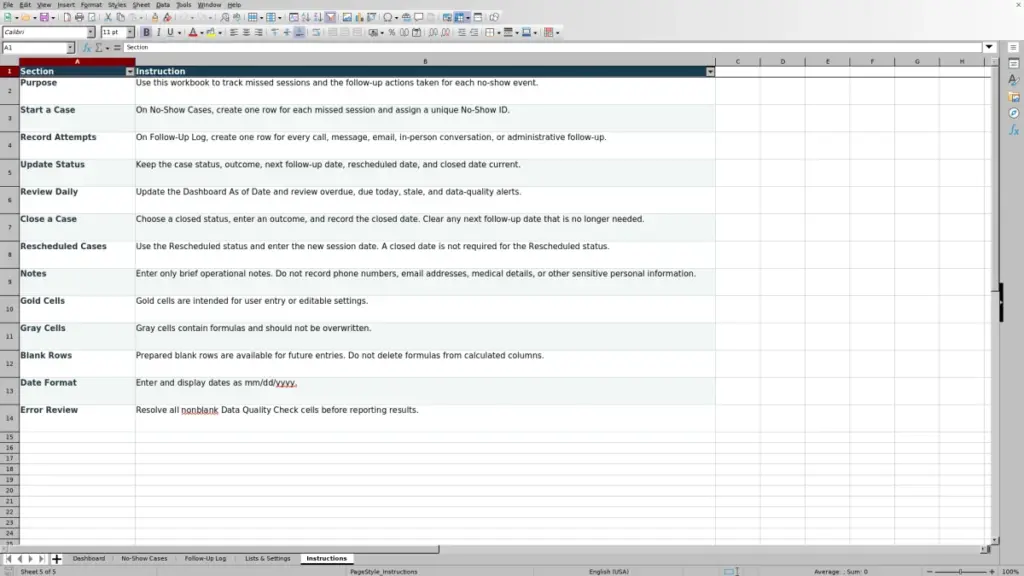 Preview of the Instructions sheet in Free No-Show Follow-Up Tracker Excel Template 2026
