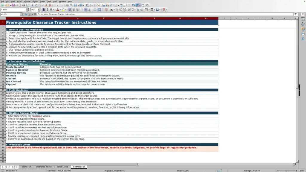 Preview of the Instructions sheet in Free Prerequisite Clearance Tracker Excel Template 2026