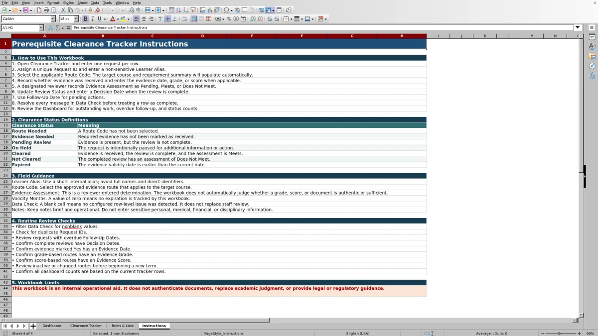 Capture 4 : feuille Instructions — prerequisite clearance tracker