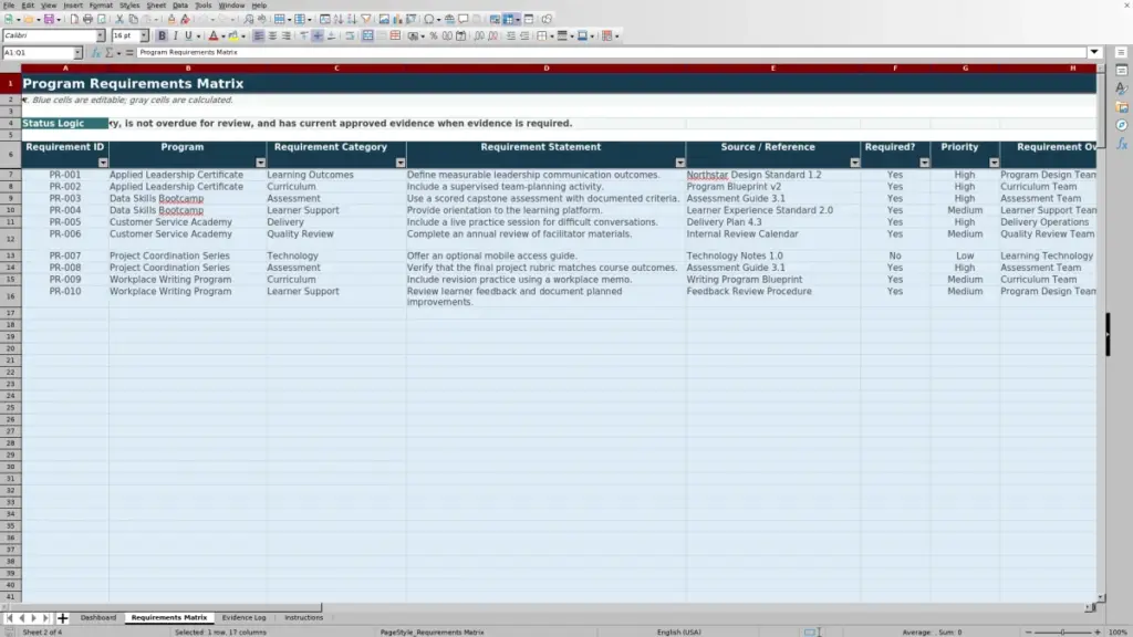 Preview of the Requirements Matrix sheet in Free Program Requirements Matrix Excel Template 2026