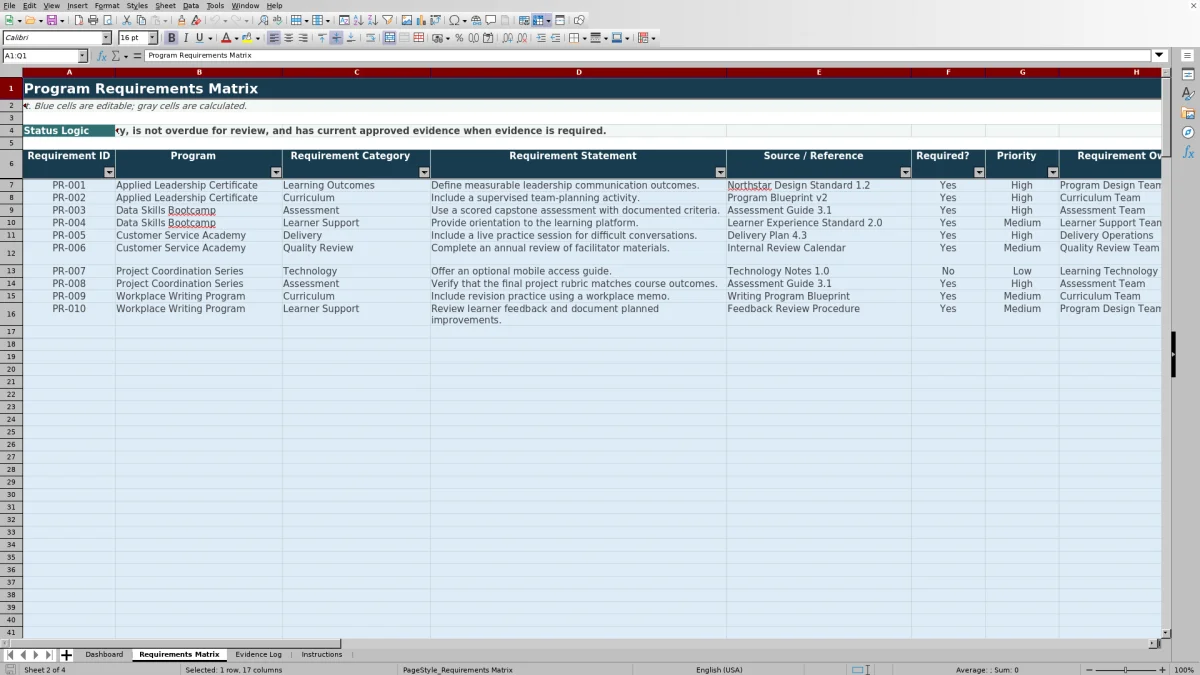 Capture 2 : feuille Requirements Matrix — program requirements matrix