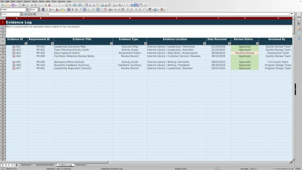 Preview of the Evidence Log sheet in Free Program Requirements Matrix Excel Template 2026
