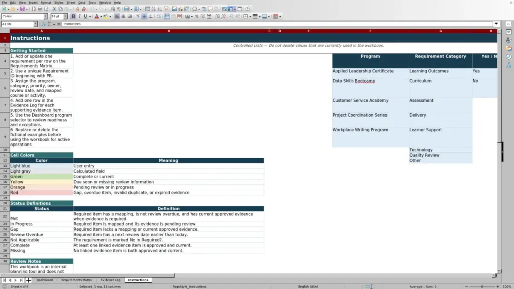 Preview of the Instructions sheet in Free Program Requirements Matrix Excel Template 2026