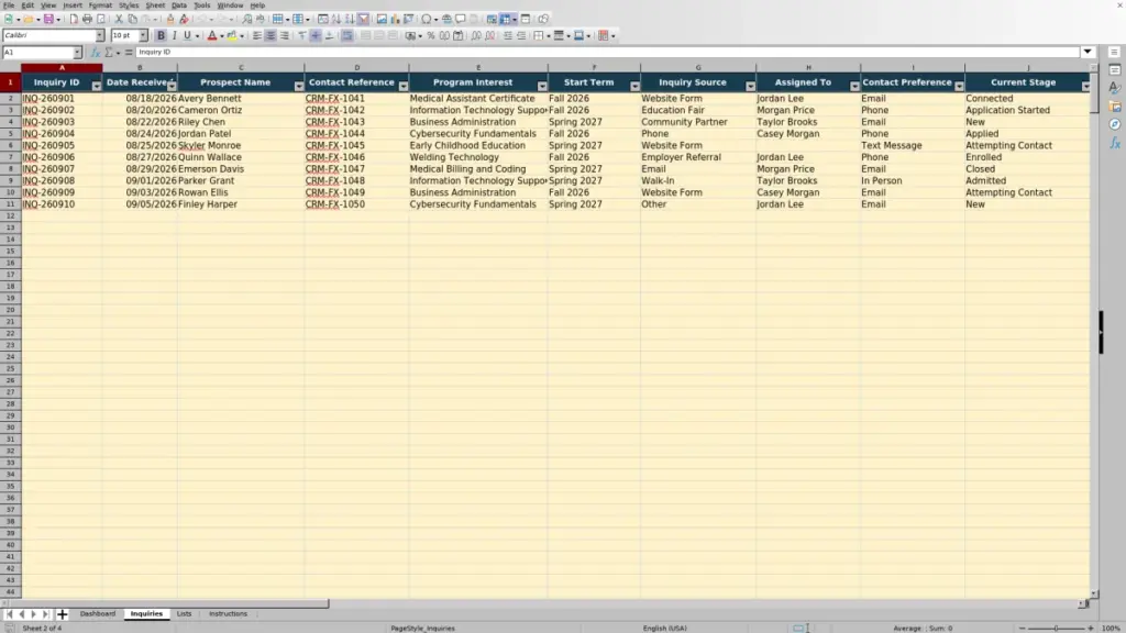 Preview of the Inquiries sheet in Free Prospective Student Inquiry Tracker Excel Template 2026