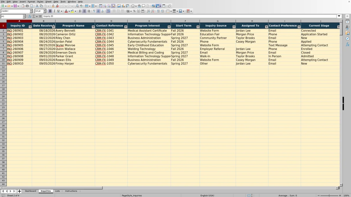 Capture 2 : feuille Inquiries — prospective student inquiry tracker