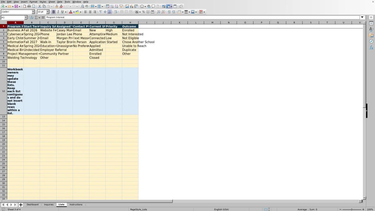 Capture 3 : feuille Lists — prospective student inquiry tracker