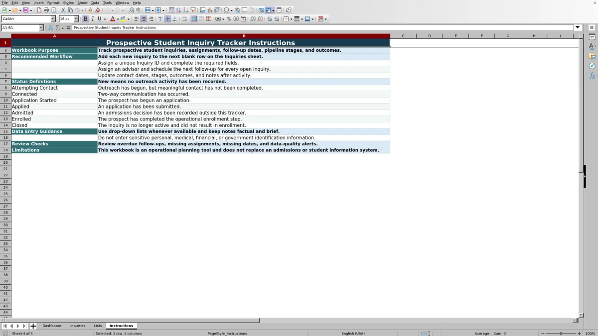 Capture 4 : feuille Instructions — prospective student inquiry tracker