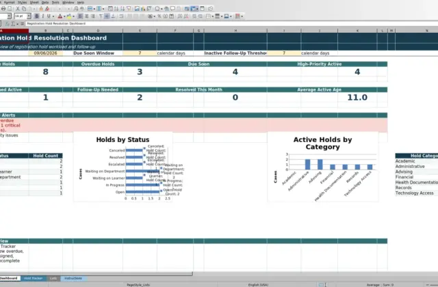 Capture 1 : feuille Dashboard — registration hold resolution tracker
