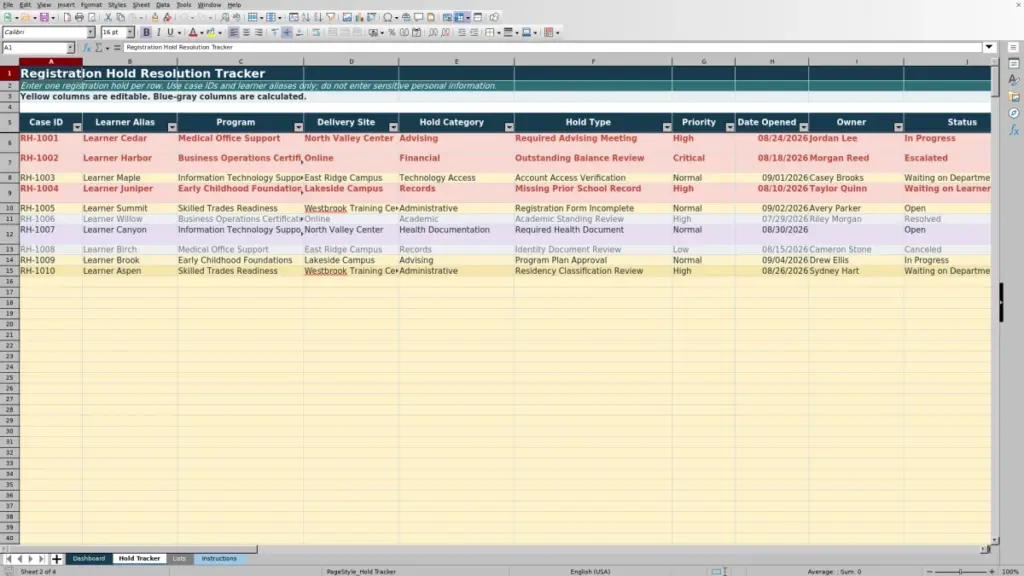 Preview of the Hold Tracker sheet in Free Registration Hold Resolution Tracker Excel Template 2026