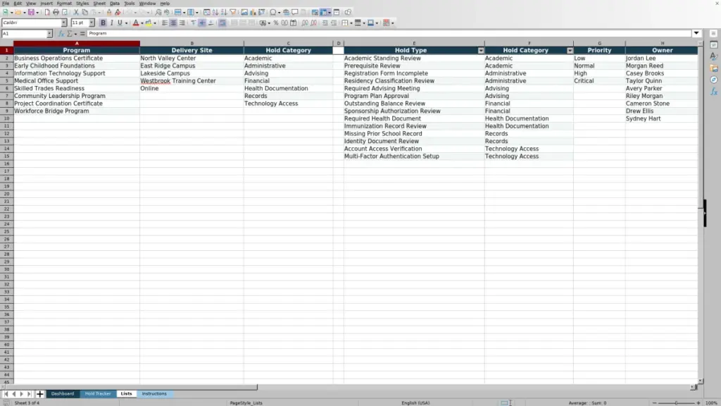 Preview of the Lists sheet in Free Registration Hold Resolution Tracker Excel Template 2026