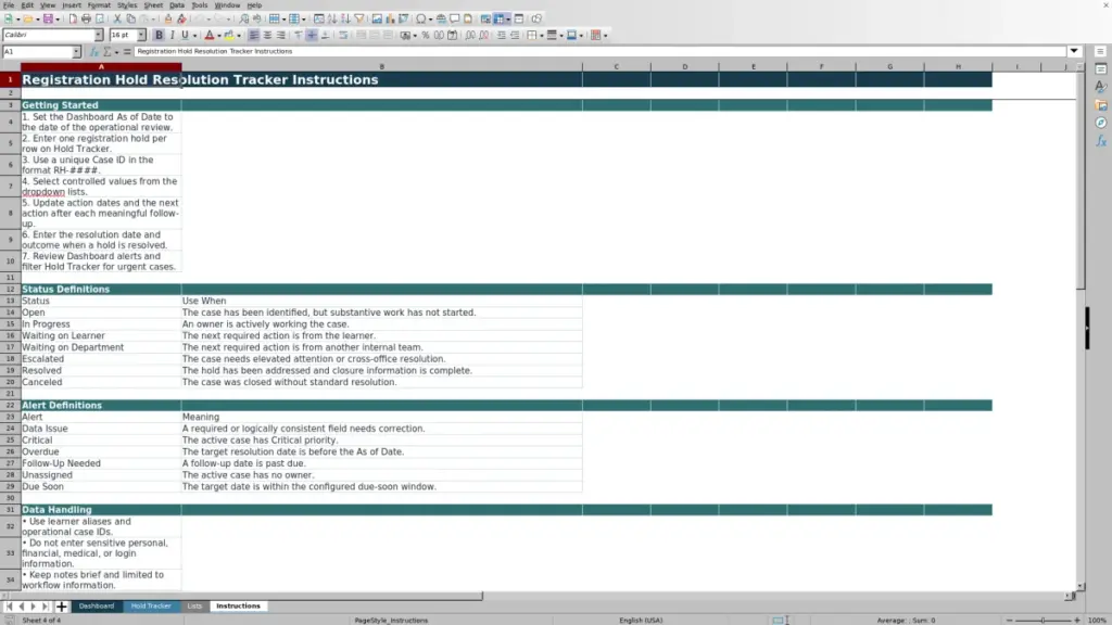 Preview of the Instructions sheet in Free Registration Hold Resolution Tracker Excel Template 2026
