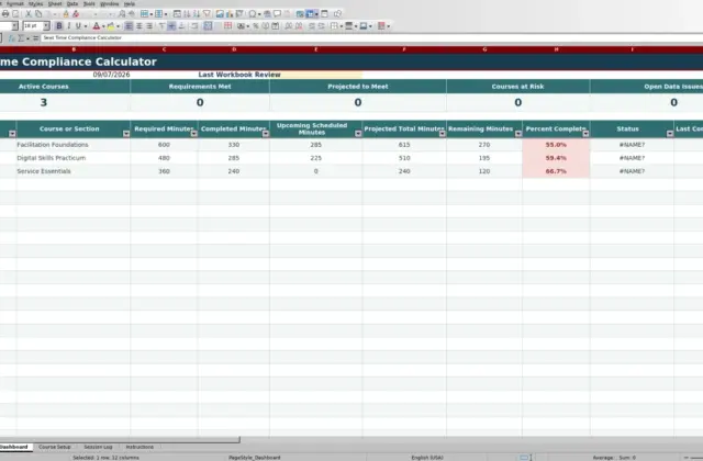 Capture 1 : feuille Dashboard — seat time compliance calculator