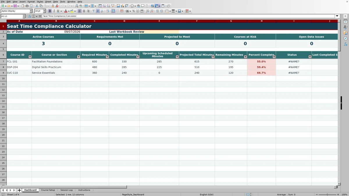 Capture 1 : feuille Dashboard — seat time compliance calculator