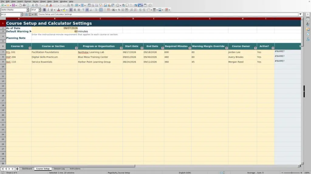 Preview of the Course Setup sheet in Free Seat Time Compliance Calculator Excel Template 2026