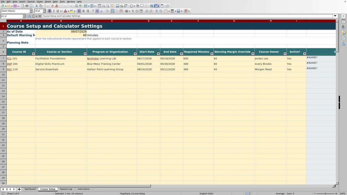 Capture 2 : feuille Course Setup — seat time compliance calculator