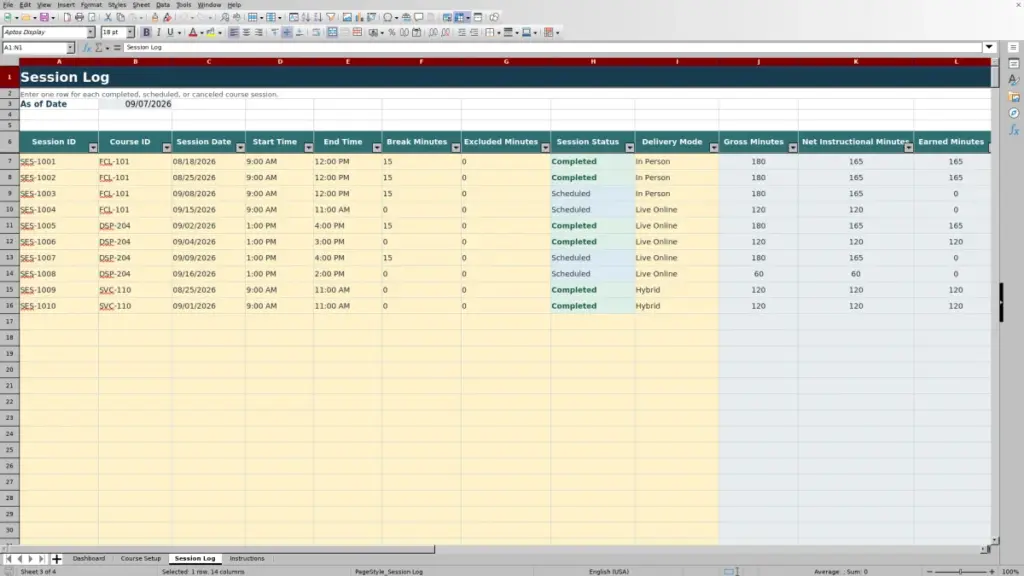Preview of the Session Log sheet in Free Seat Time Compliance Calculator Excel Template 2026