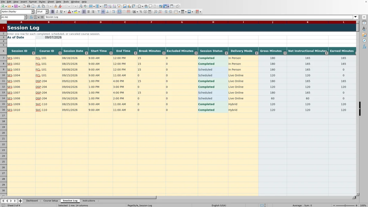Capture 3 : feuille Session Log — seat time compliance calculator