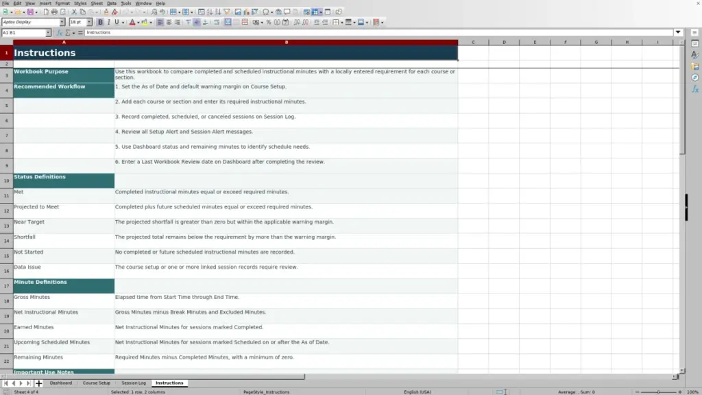 Preview of the Instructions sheet in Free Seat Time Compliance Calculator Excel Template 2026
