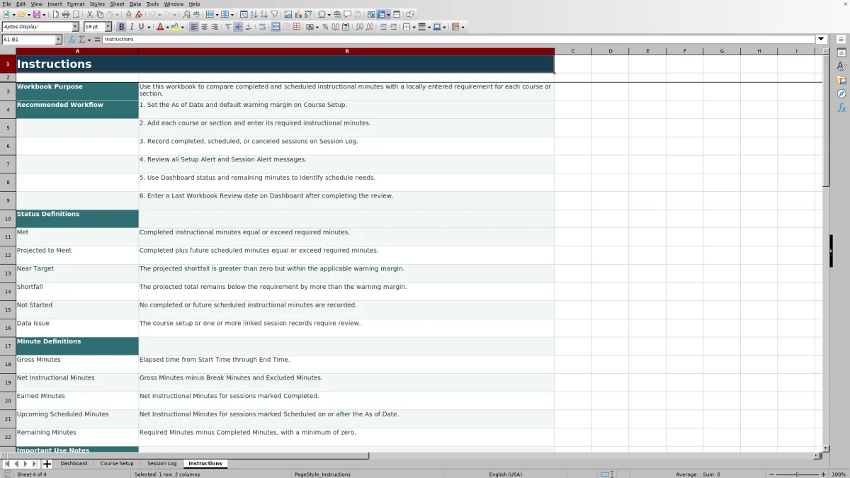 Capture 4 : feuille Instructions — seat time compliance calculator