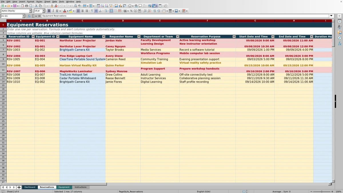 Capture 2 : feuille Reservations — shared equipment reservation planner