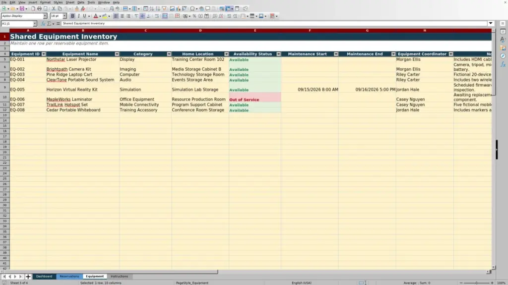 Preview of the Equipment sheet in Free Shared Equipment Reservation Planner Excel Template 2026