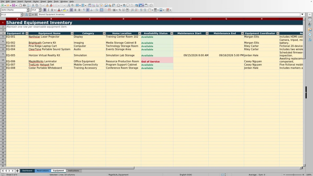 Capture 3 : feuille Equipment — shared equipment reservation planner