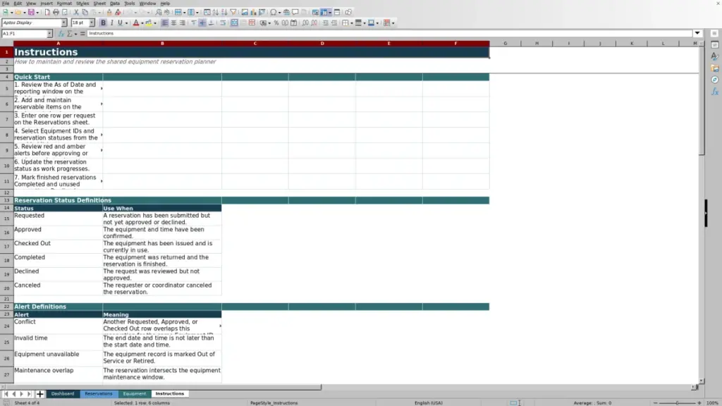 Preview of the Instructions sheet in Free Shared Equipment Reservation Planner Excel Template 2026
