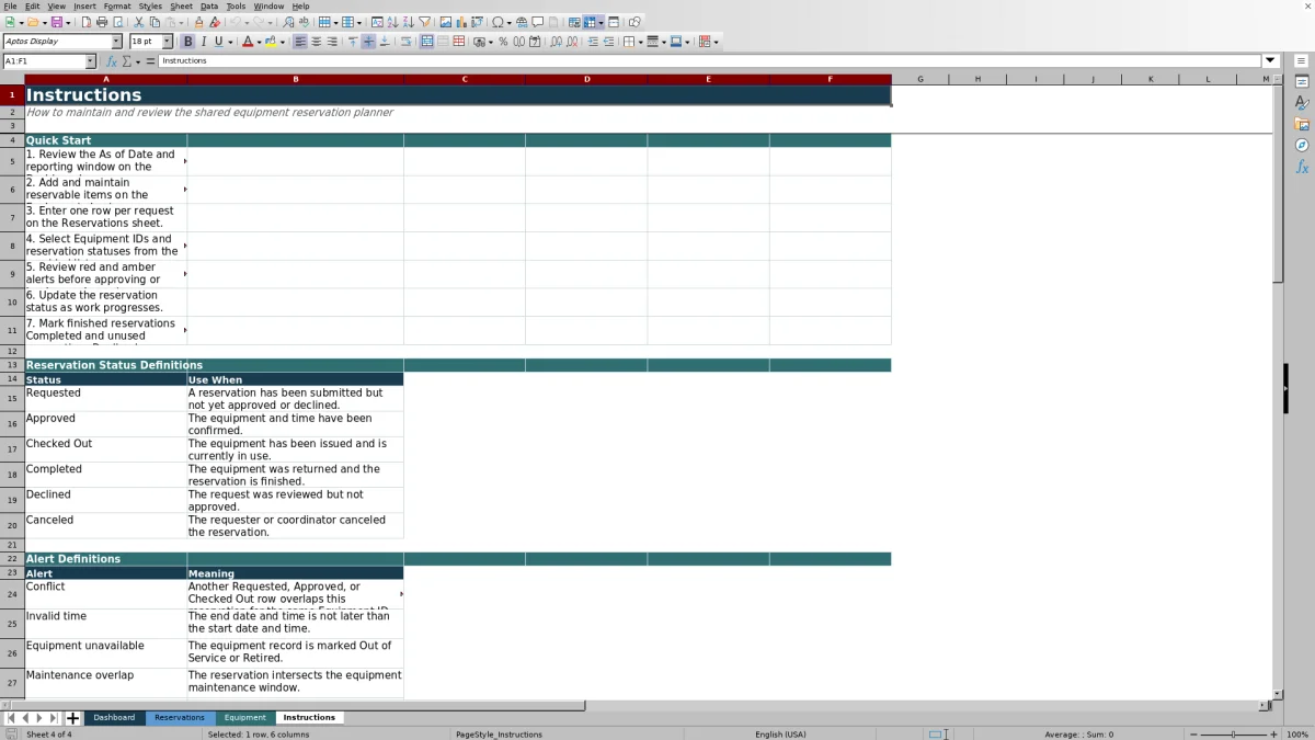 Capture 4 : feuille Instructions — shared equipment reservation planner