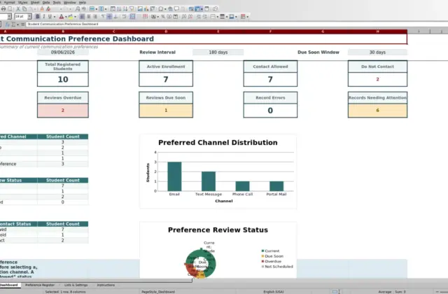 Capture 1 : feuille Dashboard — student communication preference register
