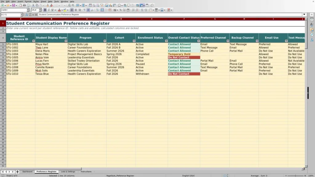 Preview of the Preference Register sheet in Free Student Communication Preference Register Excel Template 2026