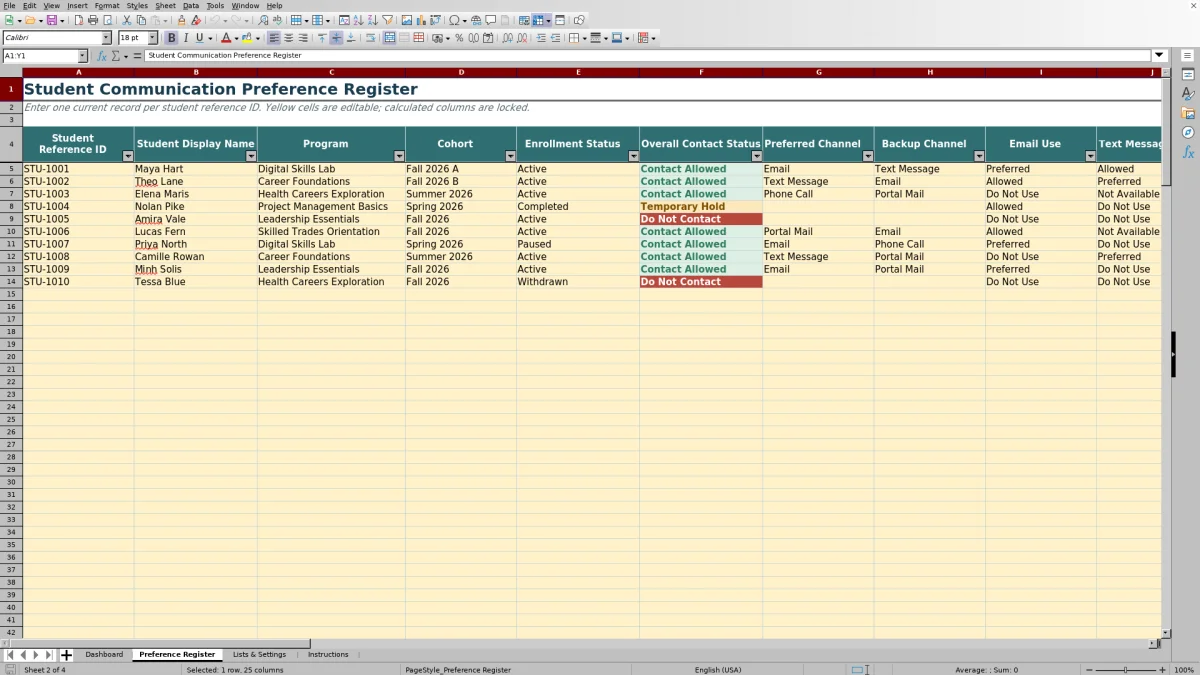 Capture 2 : feuille Preference Register — student communication preference register