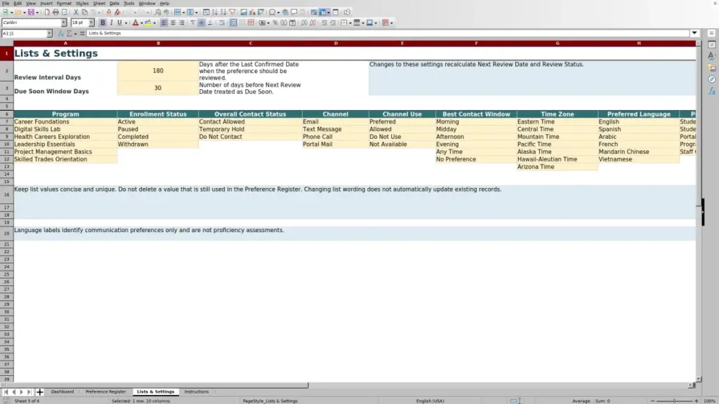 Preview of the Lists & Settings sheet in Free Student Communication Preference Register Excel Template 2026