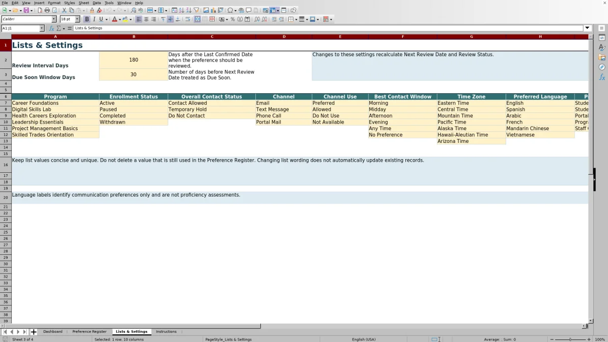 Capture 3 : feuille Lists & Settings — student communication preference register