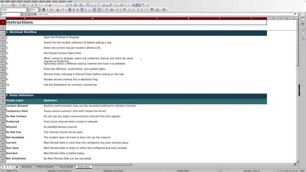 Preview of the Instructions sheet in Free Student Communication Preference Register Excel Template 2026