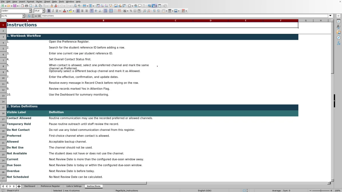 Capture 4 : feuille Instructions — student communication preference register