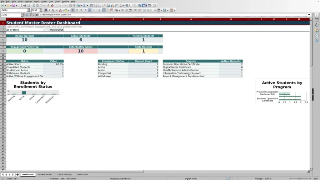 Preview of the Dashboard sheet in Free Student Master Roster Excel Template 2026