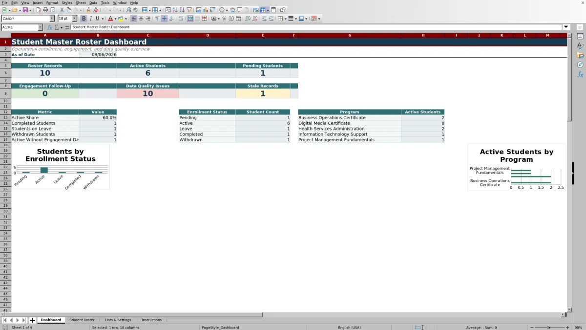 Capture 1 : feuille Dashboard — student master roster