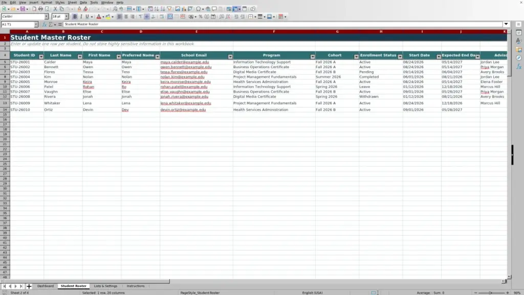Preview of the Student Roster sheet in Free Student Master Roster Excel Template 2026