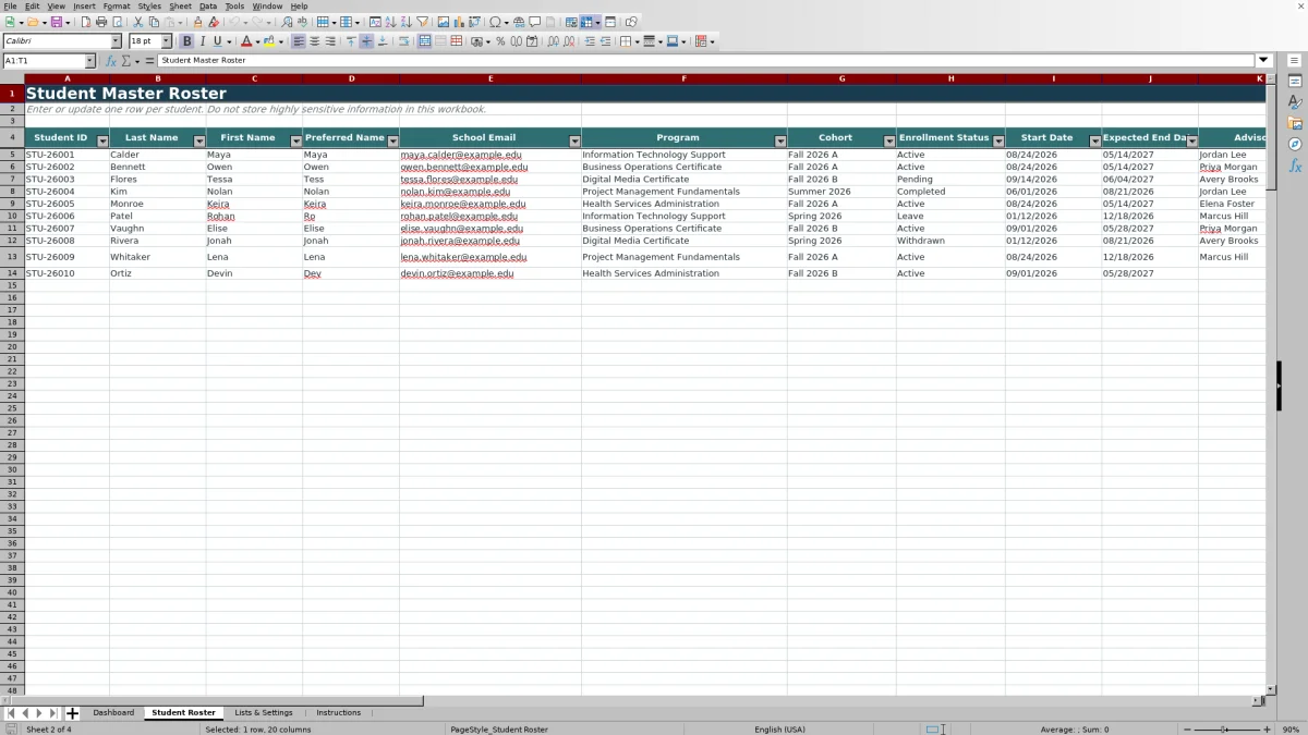 Capture 2 : feuille Student Roster — student master roster